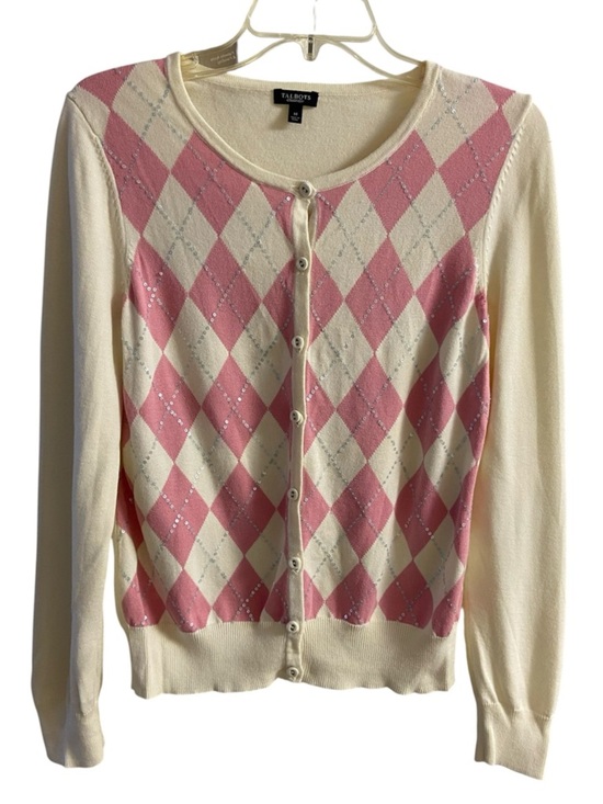 Talbots Sweaters - Talbots Pink & Cream Argyle Crewneck Button Cardigan sweater Medium